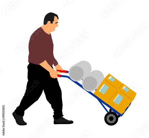 Worker man pushing wheelbarrow vector illustration isolated on white background. Walking delivery man moving package  by cart. Service moving transport. Warehouse job activity. Distribution  purchase.