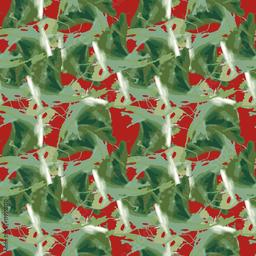 Seamless pattern with geometric urban UFO camouflage. Abstract modern military green and red background. Usable for textile print or backdrop for site