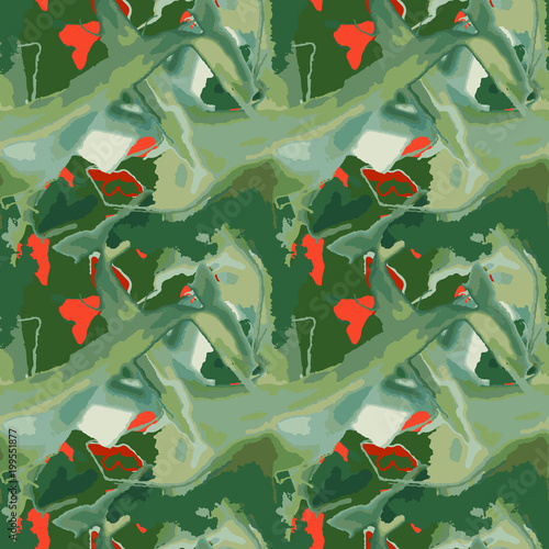 Seamless pattern with geometric urban UFO camouflage. Abstract modern military green and orange background. Usable for textile print or backdrop for site