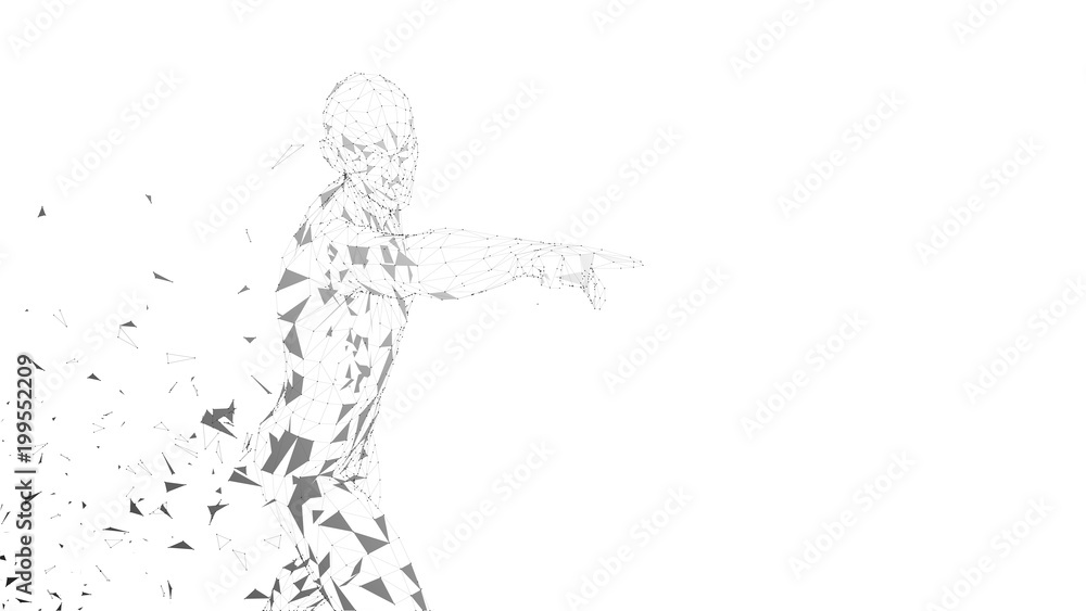 Conceptual abstract man touching or pointing to something. Connected lines, dots, triangles. Artificial intelligence concept. High technology vector digital background. 3D render vector illustration