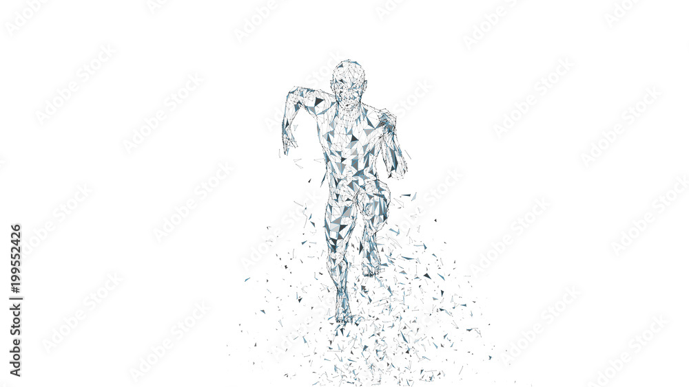Conceptual abstract running man. Runner with connected lines, dots, triangles. Artificial intelligence, digital sport concept. High technology vector digital background. 3D render vector illustration