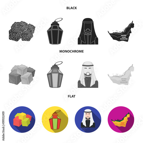 Eastern sweets, Ramadan lamp, Arab sheikh, territory.Arab emirates set collection icons in black, flat, monochrome style vector symbol stock illustration web. photo