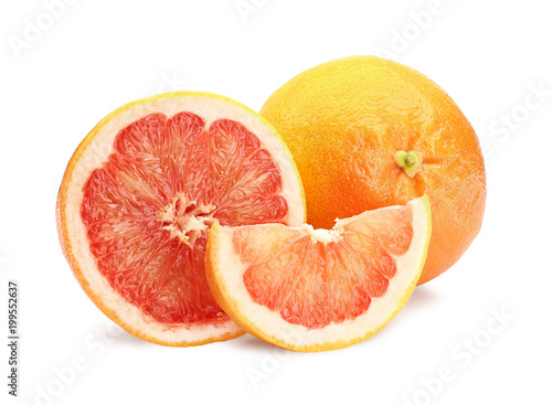 group of grapefruits, slice and whole juicy fruit