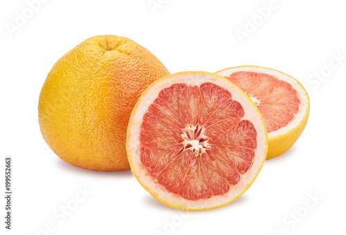 group of grapefruits, slice and whole juicy fruit