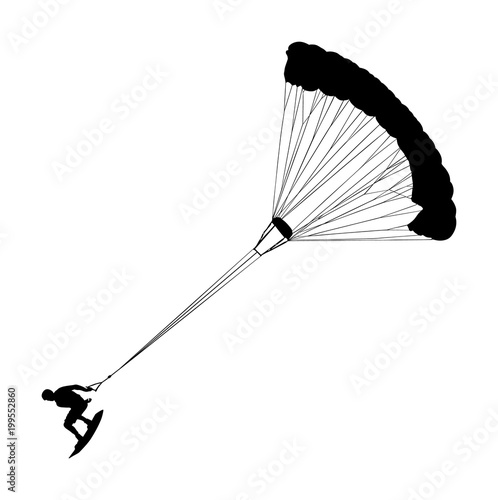 Man riding kiteboard vector silhouette illustration. Extreme water sport kiteboarding with parachute. Kite surfer on waves. Kite surfing on beach, enjoying in summer holiday time. Kitesurfer.