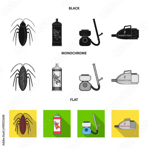 Cockroach and equipment for disinfection black, flat, monochrome icons in set collection for design. Pest Control Service vector symbol stock web illustration.