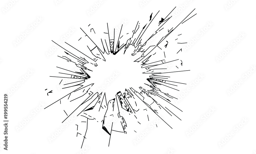 Broken glass, cracked glass on white background with hole in the middle Broken glass, cracked glass on white background with hole in the middle