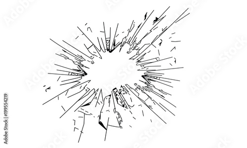 Broken glass, cracked glass on white background with hole in the middle