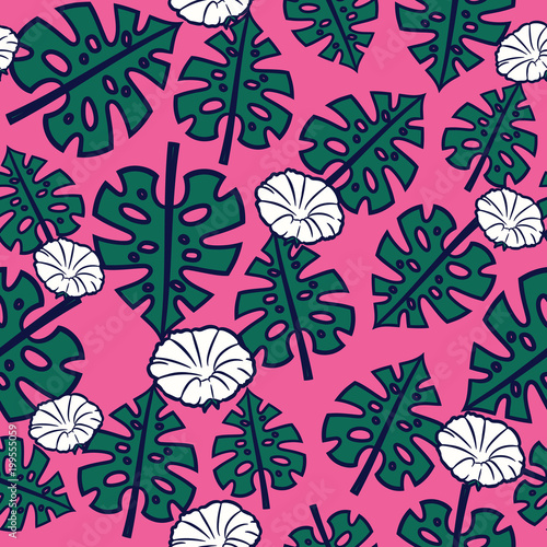 Colorful tropical pattern with exotic plants. Seamless vector tropical pattern with leaves and flowers.