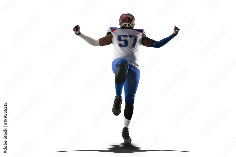 Obraz premium Isolated Black American football player rejoices in victory in white background