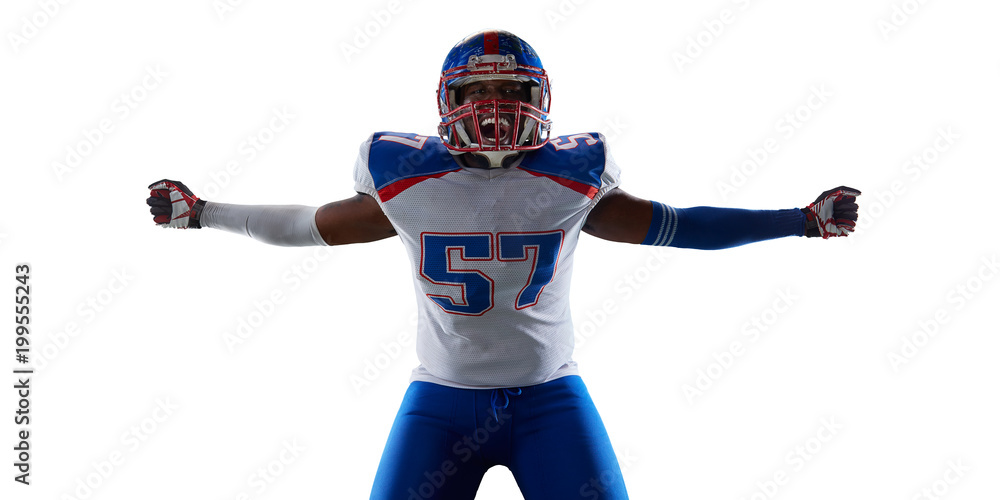 Isolated Black American football player rejoices in victory in white background Isolated Black American football player rejoices in victory in white background
