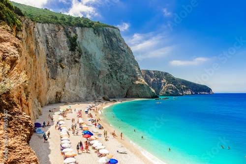 Porto Katsiki beach with people in summer holiday, in Lefkada island, Greece photo