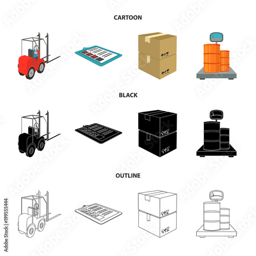 Forklift, delivery slips, packaged goods, cargo on weighing scales. Logistics and delivery set collection icons in cartoon,black,outline style isometric vector symbol stock illustration web.