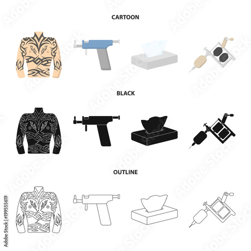 Body tattoo, piercing machine, napkins. Tattoo set collection icons in cartoon,black,outline style vector symbol stock illustration web.