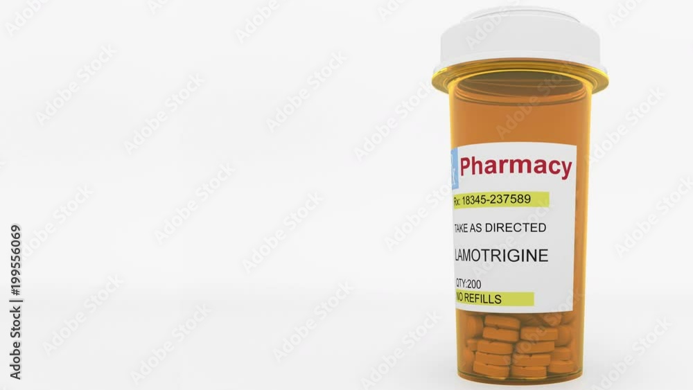 LAMOTRIGINE generic drug pills in a prescription bottle. Conceptual 3D animation LAMOTRIGINE generic drug pills in a prescription bottle. Conceptual 3D animation