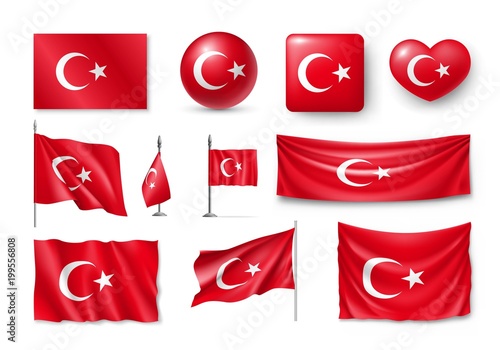 Set Turkey flags, banners, banners, symbols, flat icon. Vector illustration of collection of national symbols on various objects and state signs