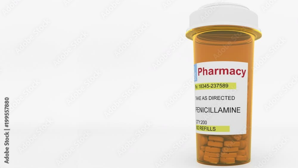 PENICILLAMINE generic drug pills in a prescription bottle. Conceptual 3D animation PENICILLAMINE generic drug pills in a prescription bottle. Conceptual 3D animation