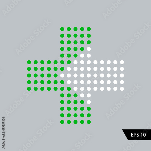 Plus with arrow in dots design. Green plus and white arrow.