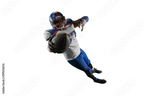 Isolated Black American football player jump and fly in white background