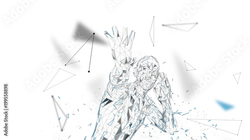 Conceptual abstract man is afraid of fear. Connected lines, dots, triangles, particles. Artificial intelligence concept. High technology vector, digital background. 3D render vector illustration.