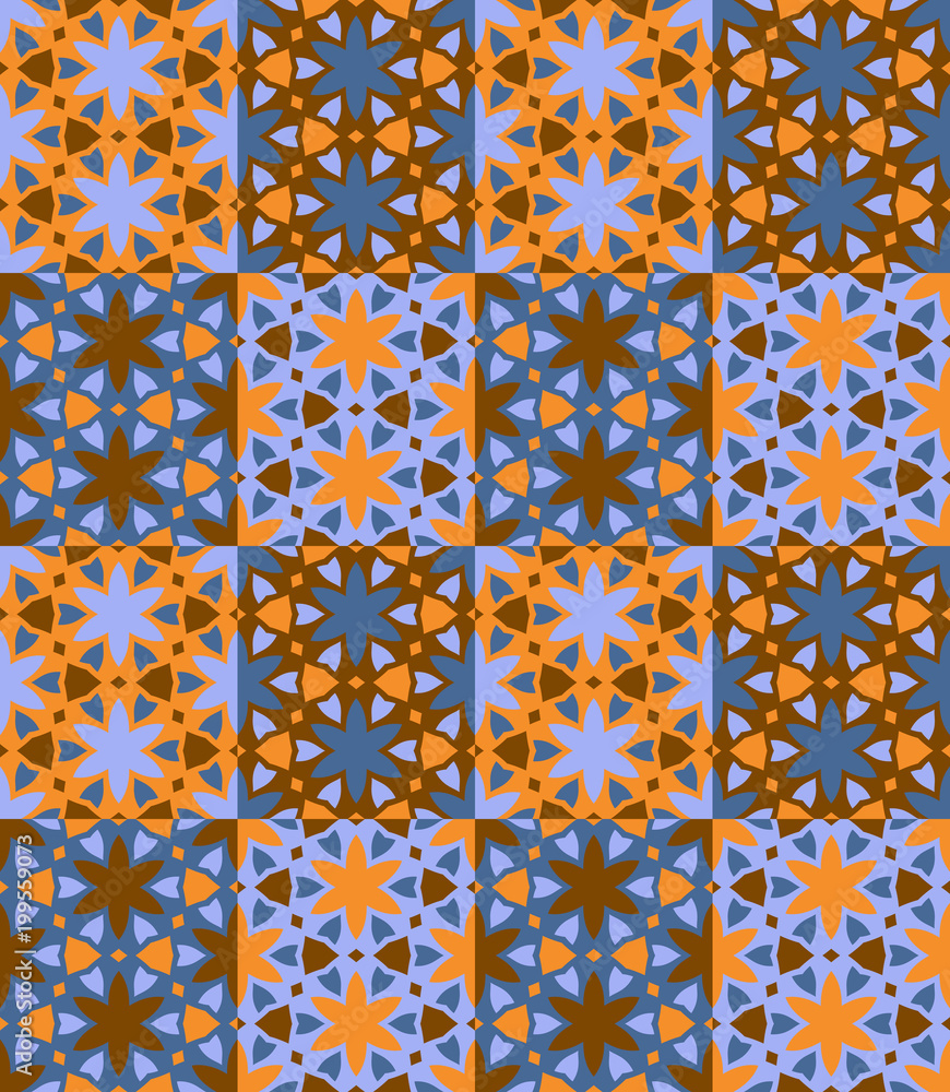 Seamless pattern tiled ornament. Floral textile print. Islamic vector design. Oriental background with abstract flowers. Hexagonal patchwork swatch. Stained glass vitrage. Seamless pattern tiled ornament. Floral textile print. Islamic vector design. Oriental background with abstract flowers. Hexagonal patchwork swatch. Stained glass vitrage.