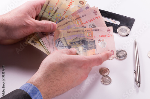 Romanian coins and banknotes, close-up