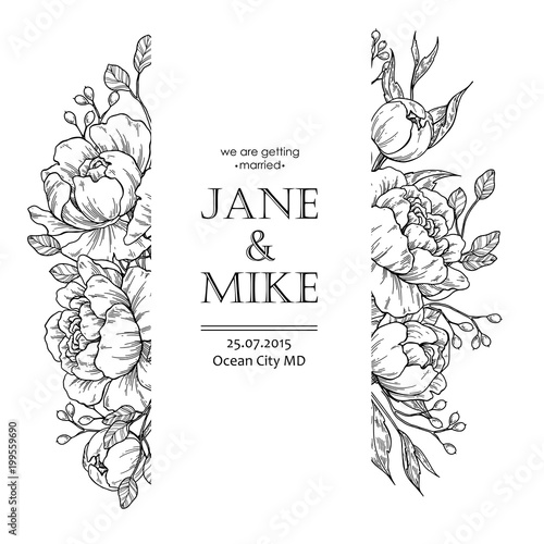 Flower vintage border. Vector peony and roses botanical drawing.
