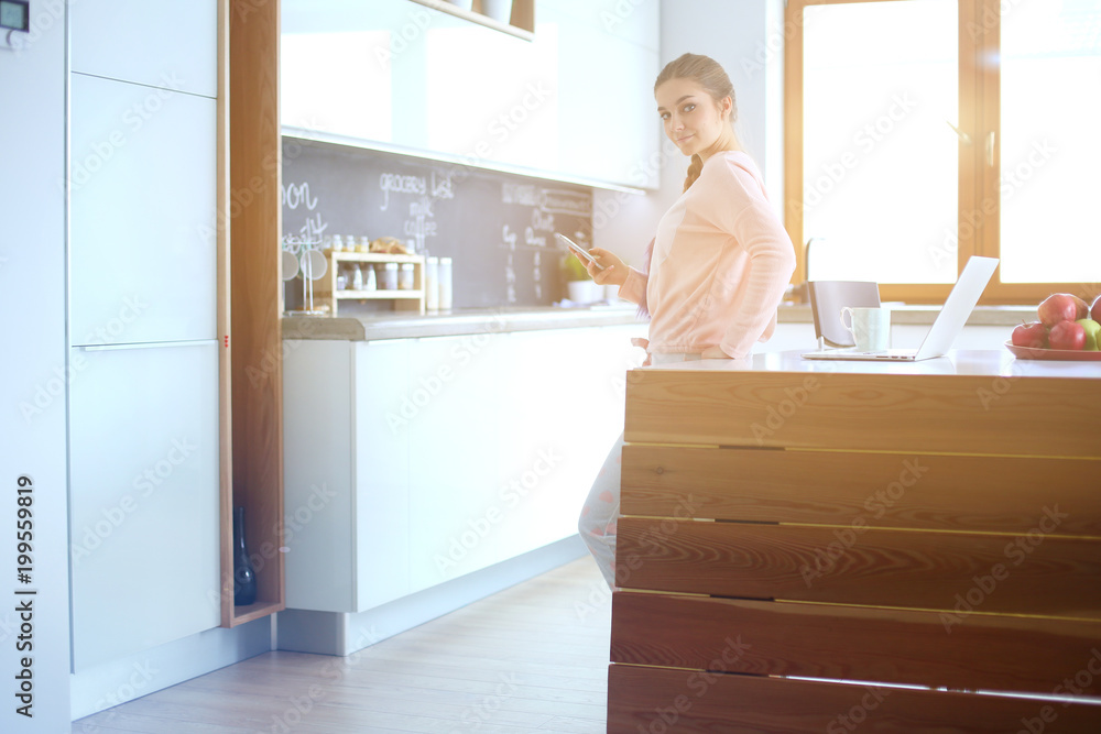 Woman using mobile phone standing in modern kitchen. Woman using mobile phone standing in modern kitchen.
