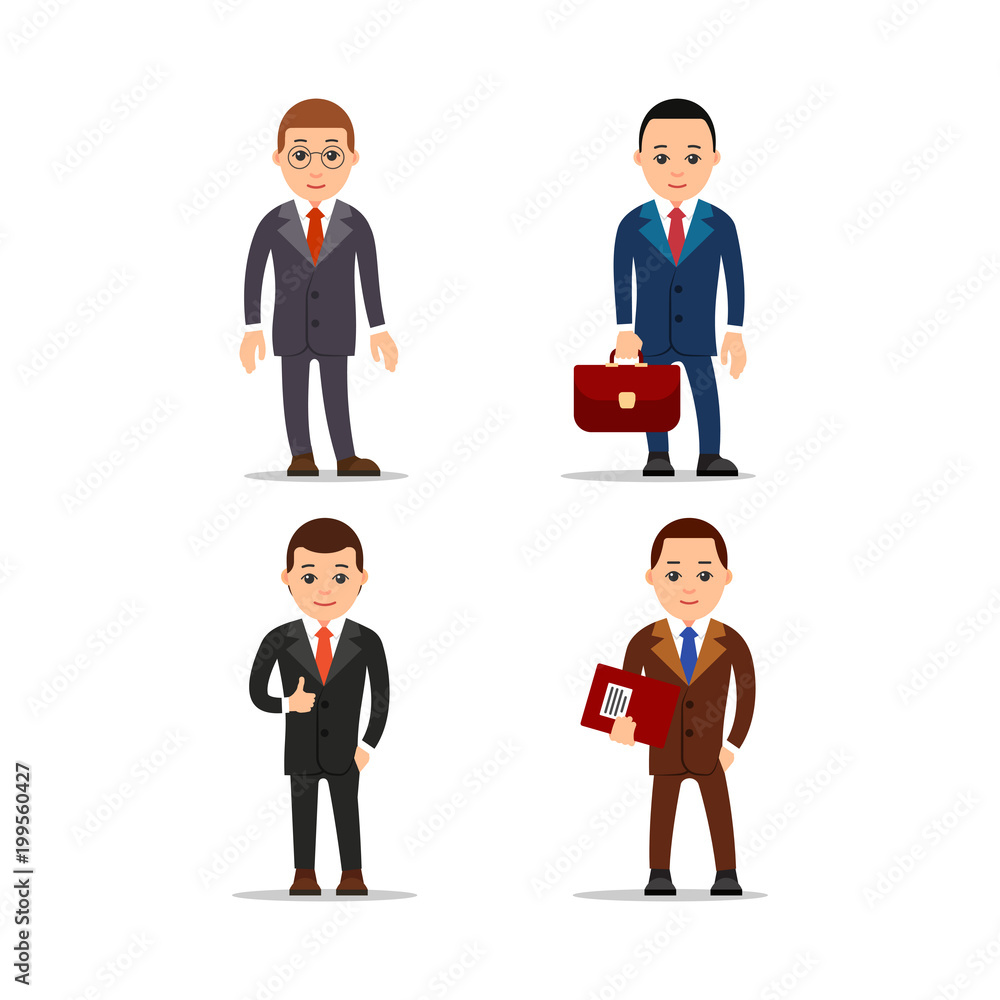 Business man. Set of businessman character in various poses. Man in suit, shirt and blue tie. Set cartoon illustration isolated on white background in flat style Business man. Set of businessman character in various poses. Man in suit, shirt and blue tie. Set cartoon illustration isolated on white background in flat style