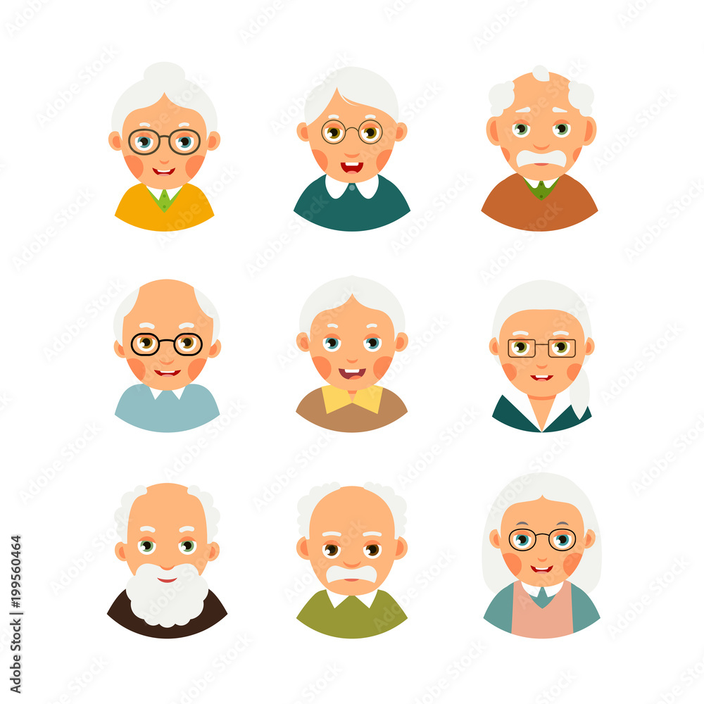 Set avatars older people. Kit avatars elderly people. Selection cartoon illustration isolated on white background in flat style Set avatars older people. Kit avatars elderly people. Selection cartoon illustration isolated on white background in flat style