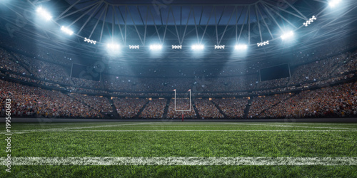 Fototapeta Naklejka Na Ścianę i Meble -  Dramatic 3D professional American football arena with green grass and rays of light
