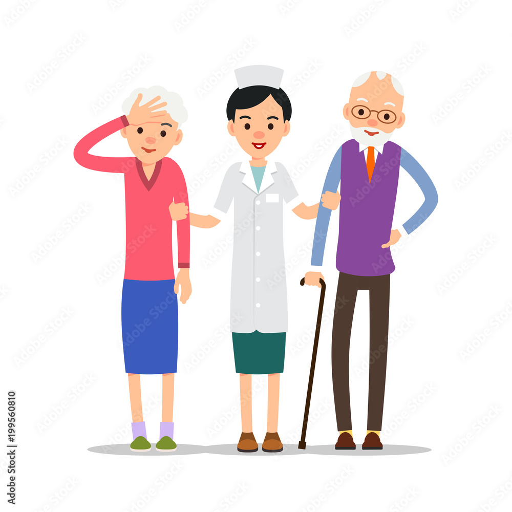 Elderly patients. Nurse stands and supports the hands of sick elderly people. Grandmother holds a sick head with her hand, grandfather presses her hand to the sore back. Illustration isolated on white