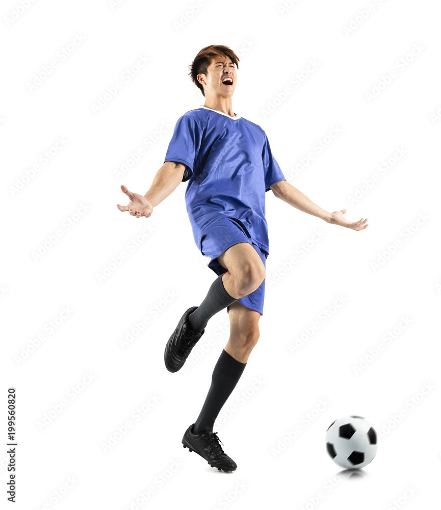 happy asian soccer player celebrating  isolated on white