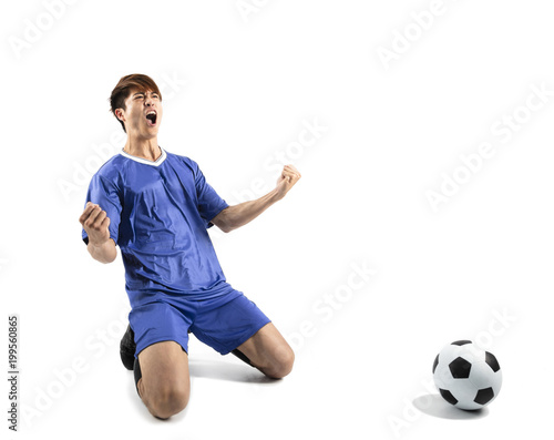 happy asian soccer player celebrating  isolated on white. © Tom Wang