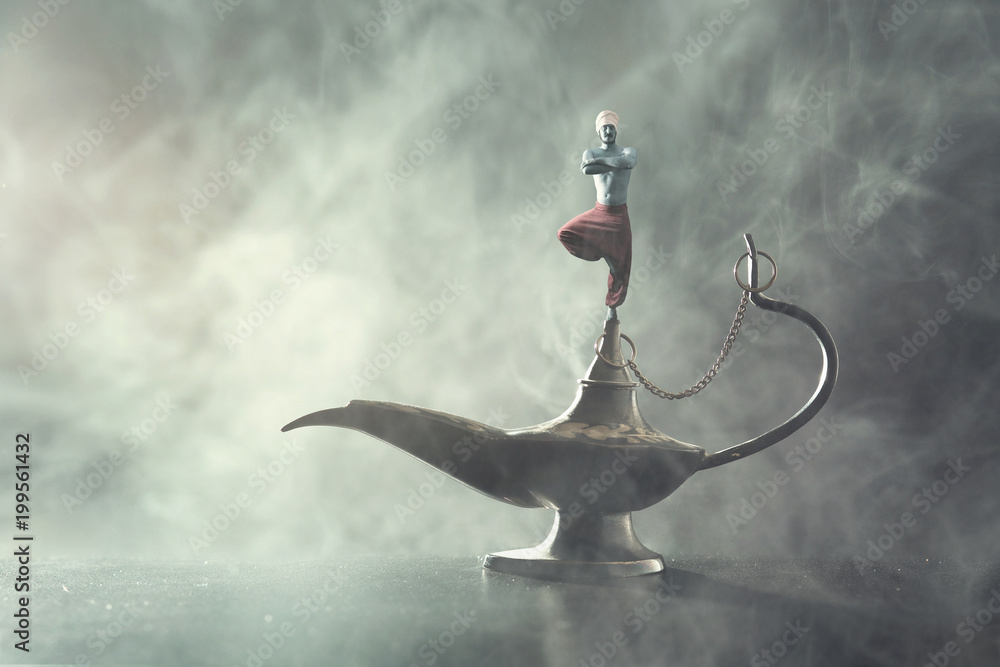 Genie coming out of a whishes lamp - obrazy, fototapety, plakaty 
