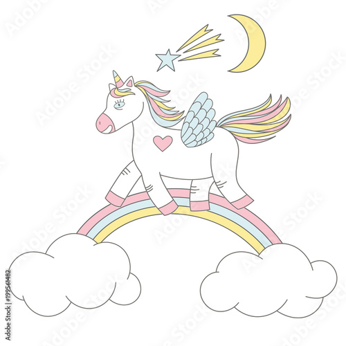 Vector print design of a cute unicorn on rainbow with stars and moon. Wallpaper with unicorn and miracle elements