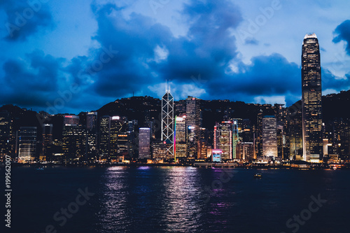 Hong Kong night light view in the evening from the Hong Kong Harbour