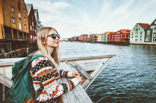 Photography Young blonde woman traveling in Trondheim city Norway vacations weekend Lifestyl