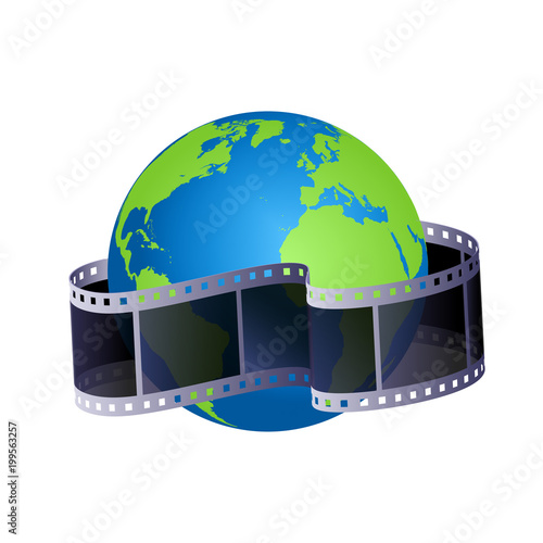 Vector illustration with earth globe and film strip. 