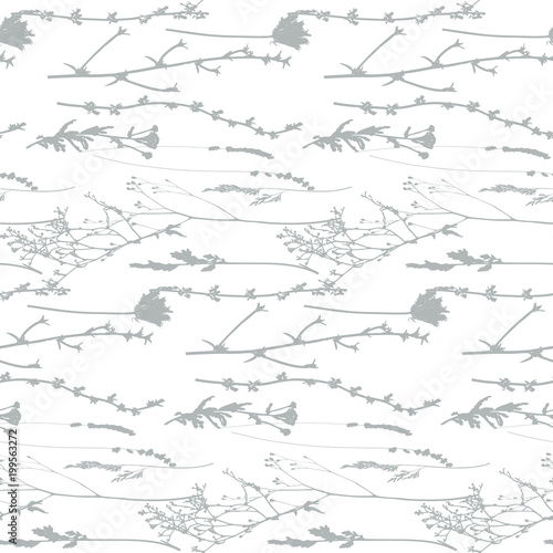 Meadow grasses, herbs and flowers outlines vector seamless pattern.
