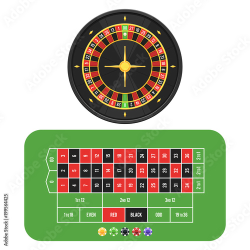 Casino american roulette wheel, table and chips. Gambling games concept. Vector illustration in trendy flat style isolated on white background