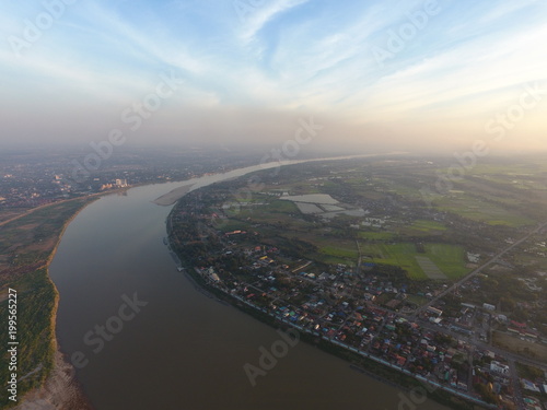 Mekong River Sunset, Laos Thai border, Drone View