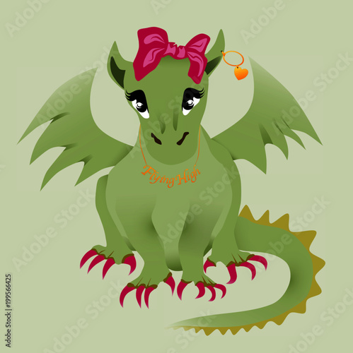 little dragon girl with pink nails and bow, necklace and earring, vector illustration