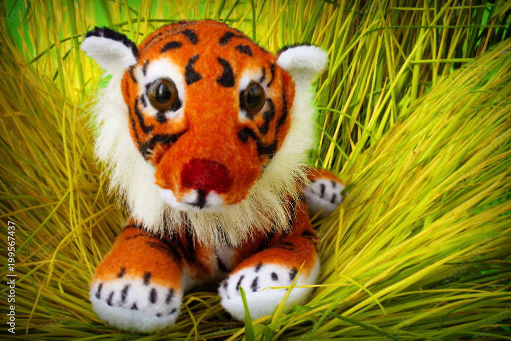 Soft toy tiger in grass Soft toy tiger in grass
