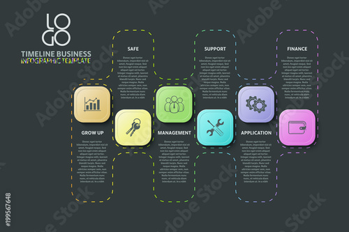 Dark vector business template with 6 steps, options or processes. Can be used for timeline, workflow, research, strategy.