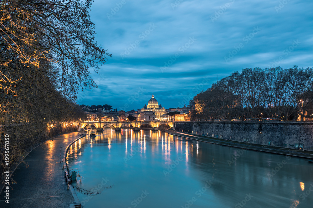 St. Peter's Basilica and Ponte Sant Angelo, Vatican City, Italy by night