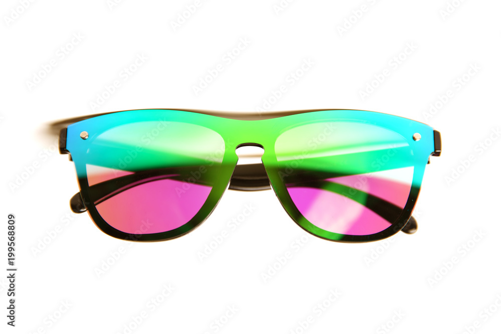 Sunglasses with bright mirror lenses of pink, green and blue colors isolated on white background