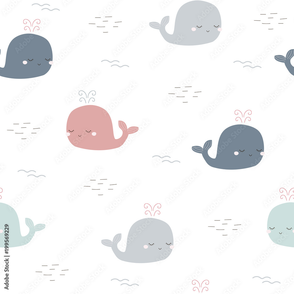 Childish seamless pattern with cute whale. Vector hand drawn illustration.