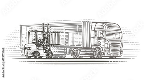 Forklift truck loading semitrailer truck illustration. Vector. 