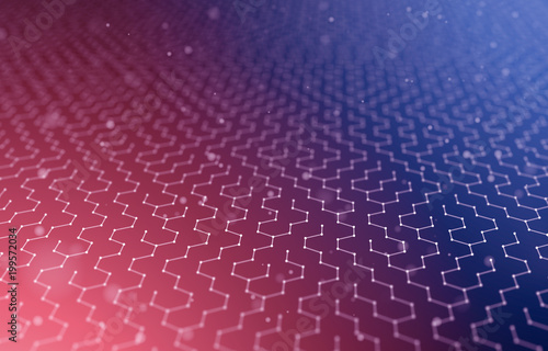 Futuristic Hexagon Pattern Abstract Background. 3d Render Illustration. Space surface. Dark sci-fi backdrop. Dots and lines connections. Science and technology concept. Big data macro wireframe. © andisrea